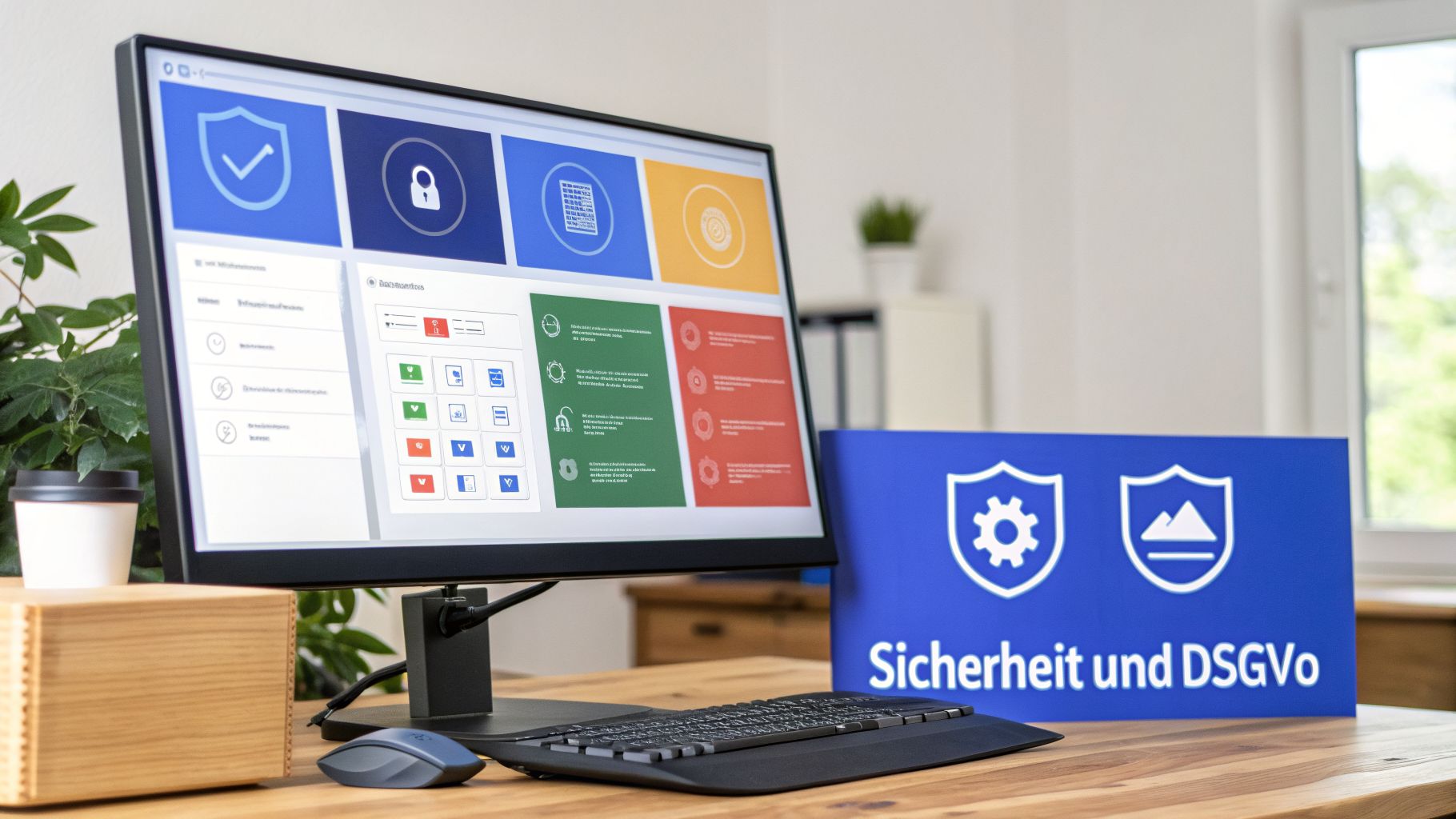 Ein Computerbildschirm zeigt ein Dashboard zur Datensicherheit, daneben ein Schild mit "Sicherheit und DSGVo" im Büro.