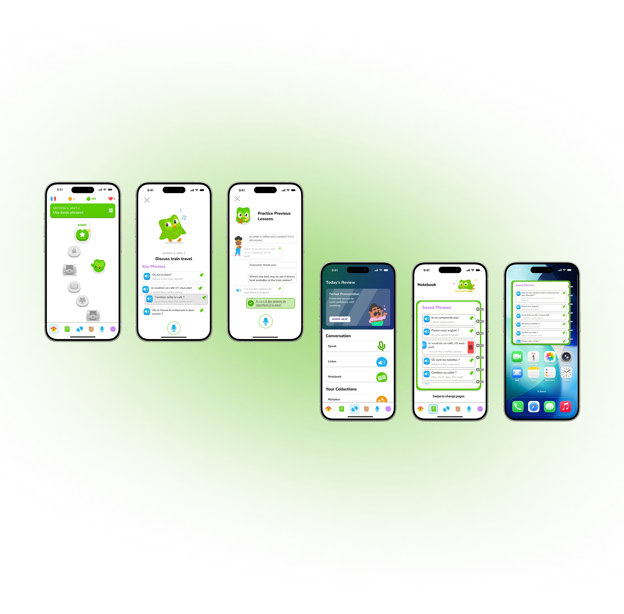 Six iPhone mockups showing DuoChat feature screens including lesson section overview, role-play conversation interface, today's review screen, notebook with saved phrases, and the phrasebook home screen widget