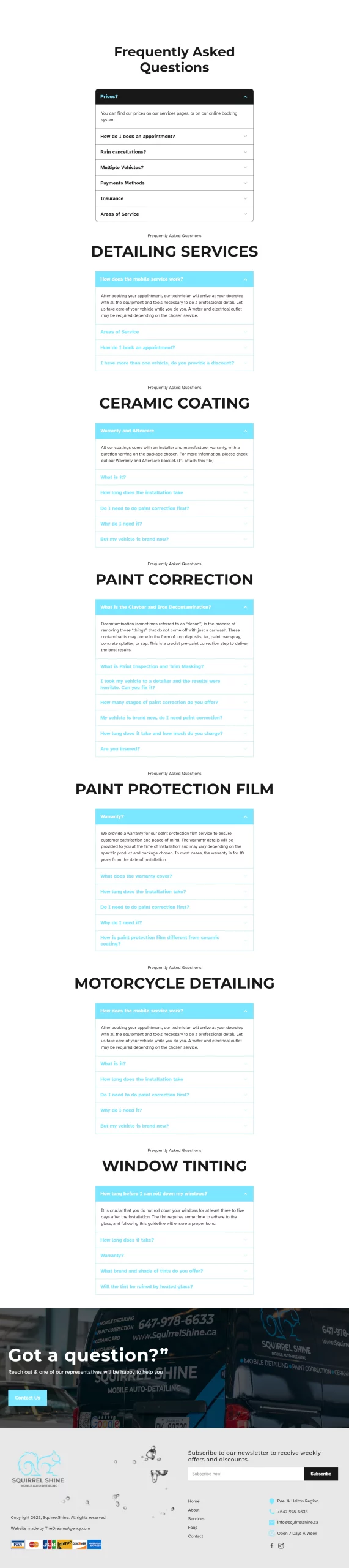 faqs page for squirrelshine website developed & designed by Dreams Agency Mississauga, Ontario