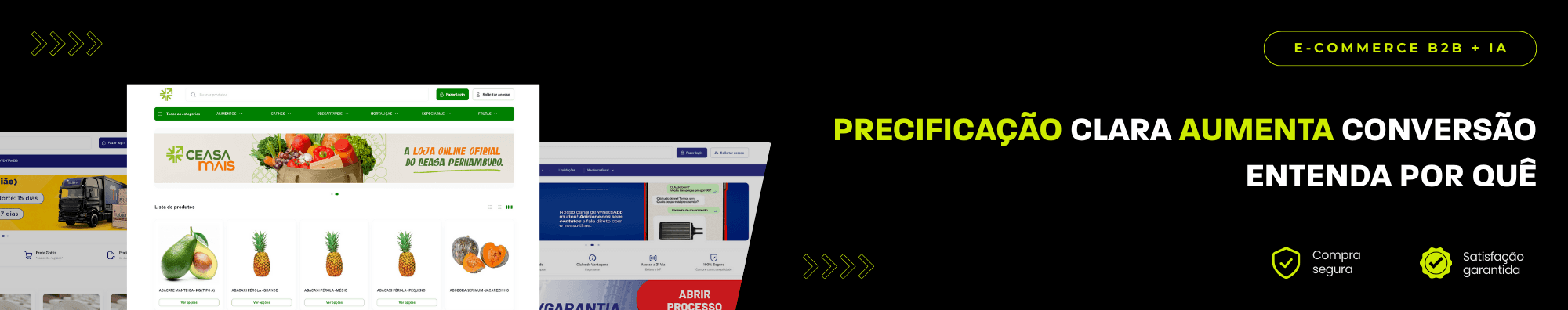 Banner horizontal com fundo escuro, ícones de segurança e satisfação, e imagens de lojas B2B exibidas à esquerda. Elementos gráficos em verde destacam o tema de e-commerce B2B com IA.