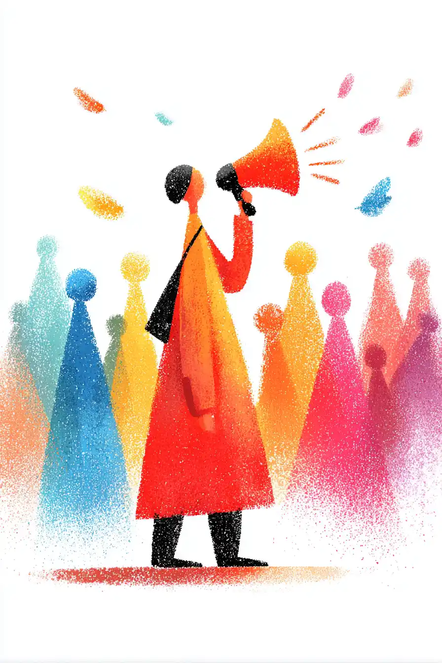 Textured editorial illustration of a bold figure in red and orange holding a megaphone aloft, surrounded by a crowd of softly rendered colorful silhouettes, representing a brand actively broadcasting its signal whether intentional or not.