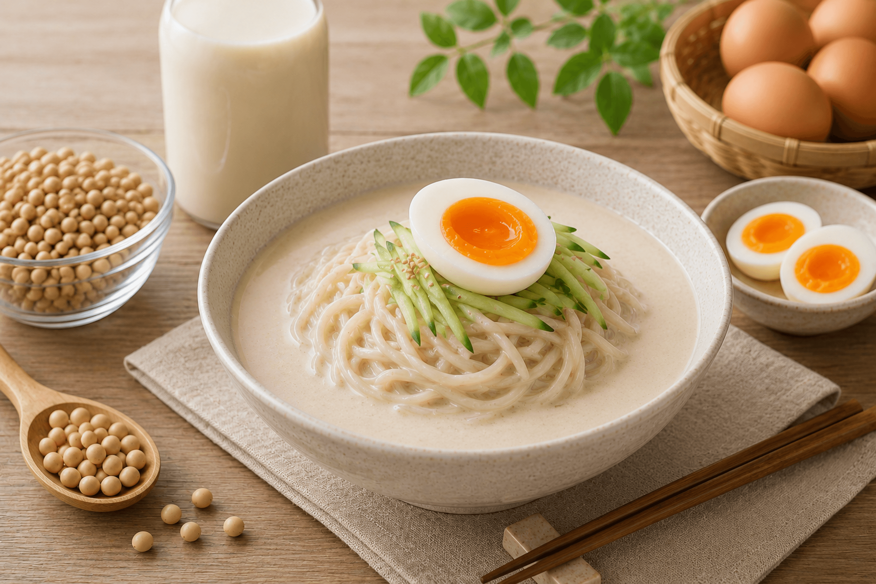 콩국수 위에 반숙 달걀을 얹은 한 끼, 두 단백질이 만나는 그릇