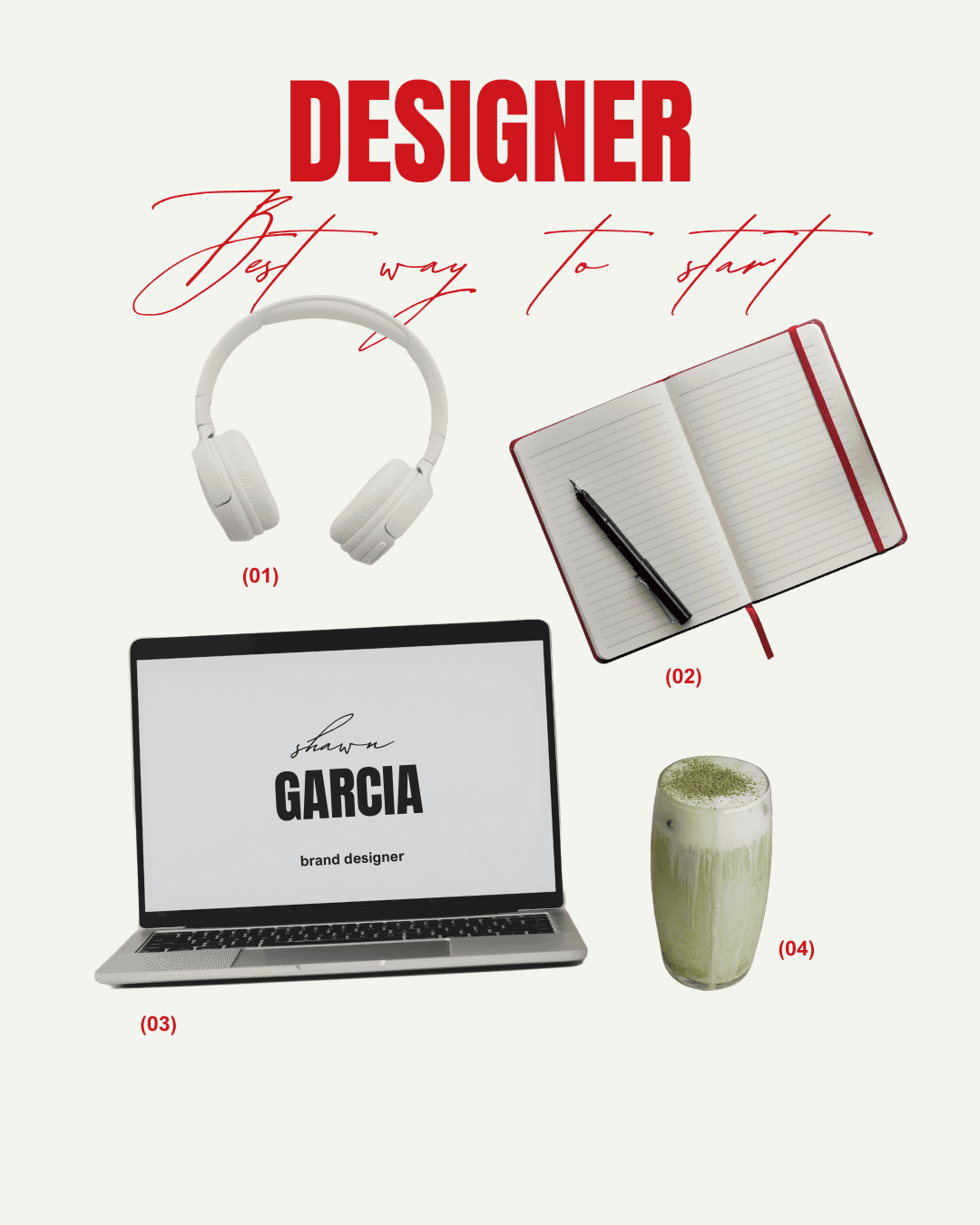 Minimalist designer kit with laptop, notebook, headphones, and creative tools for branding and graphic design