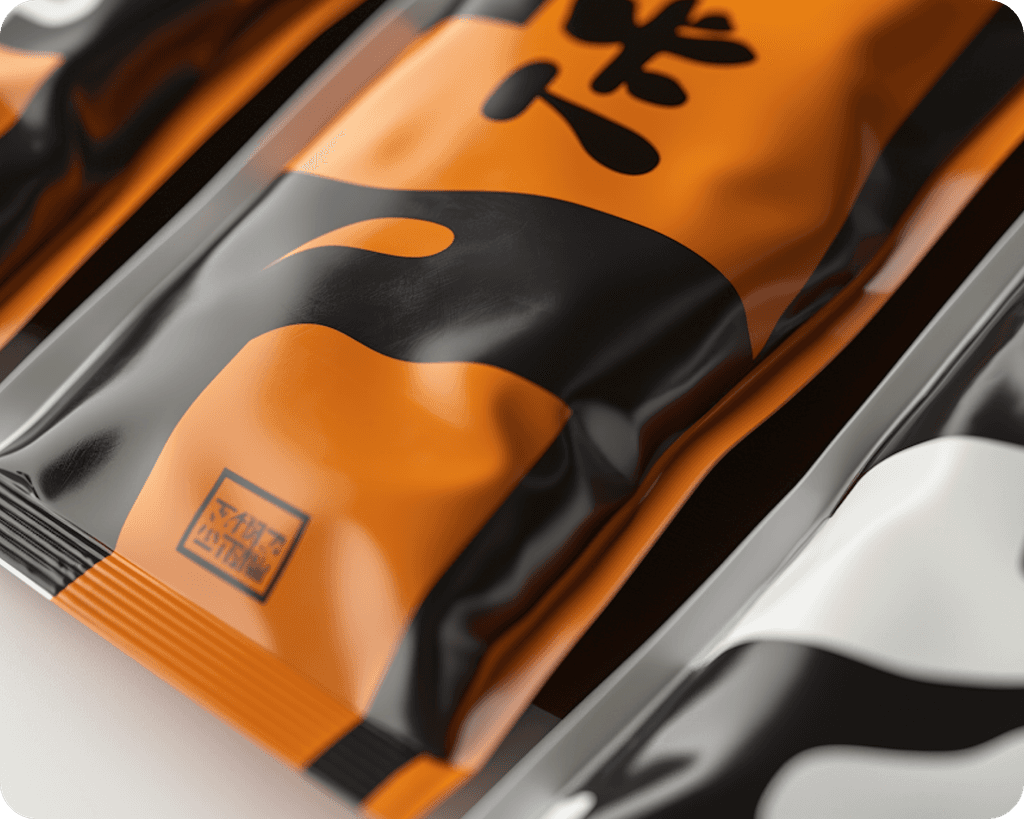 Close-up of black and orange packaged products with bold Japanese characters.