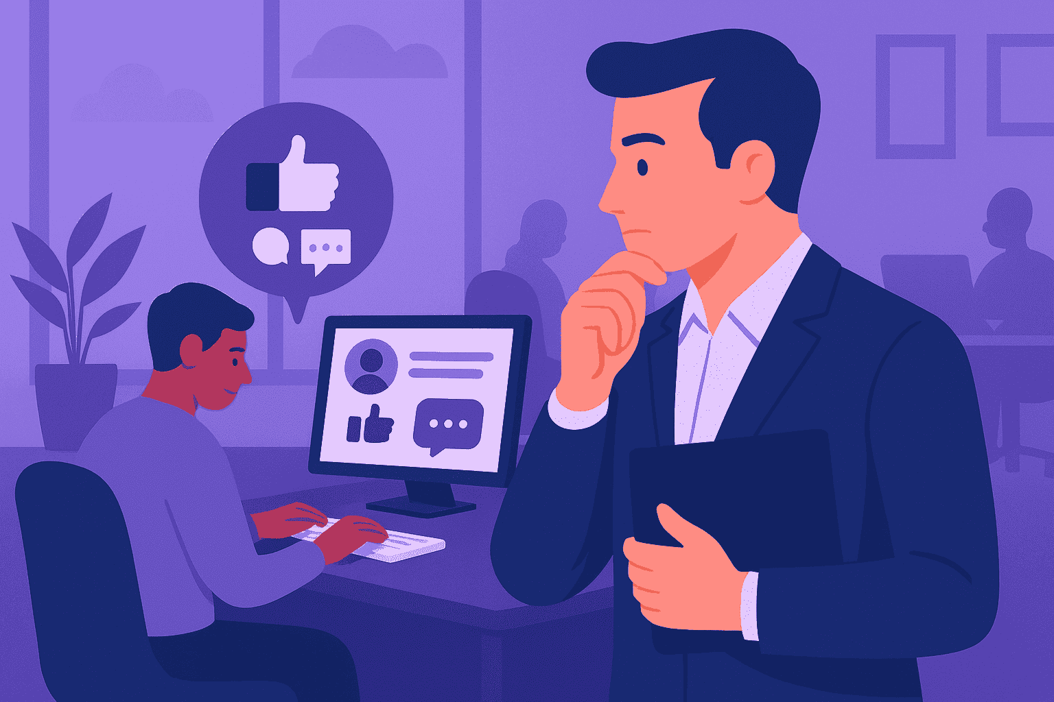 Flat-style digital illustration showing a manager observing an employee’s social media use thoughtfully, symbolizing responsible social media monitoring and balance between oversight and workplace trust.
