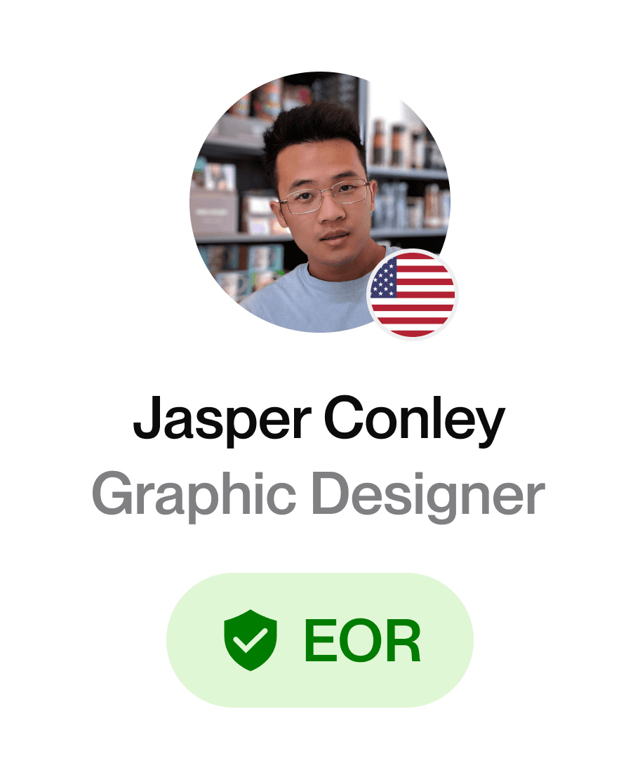 Talent card showing a talent's headshot, Graphic Designer, with a US flag icon indicating his nationality.  A button below says "Classified".