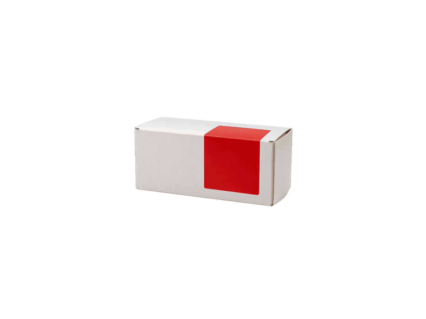 a small white cardboard shipping box with a red label, angled view.