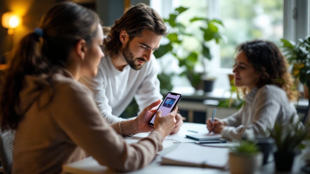 Three colleagues collaborating at a table, with one person showing a mobile app interface on a smartphone while others observe and take notes in a bright, modern workspace