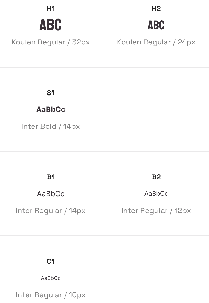 The design system uses Inter, a clean and modern sans-serif typeface, for consistency, reserving the stylized Koulen for standout headings.