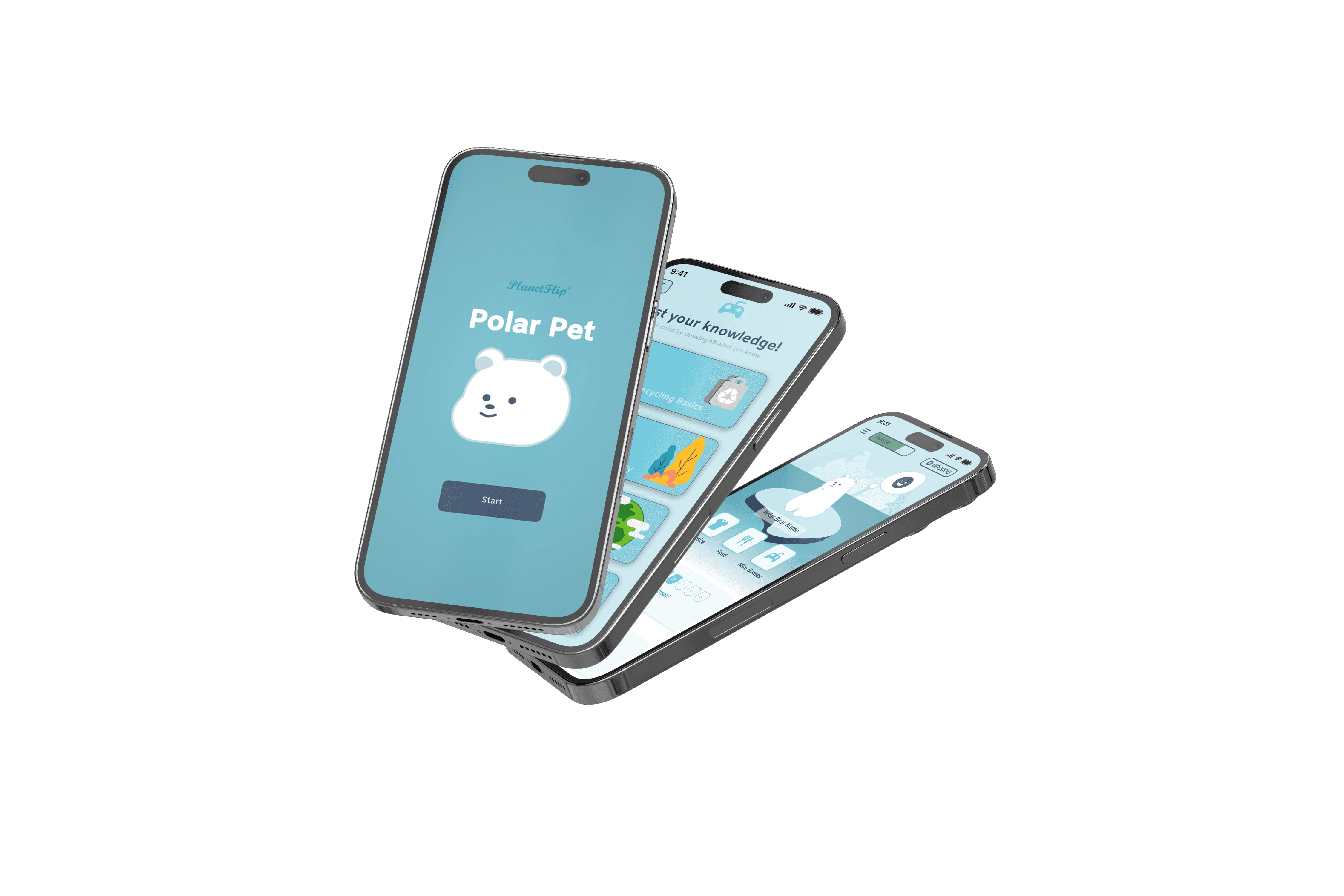 Mobile app showing PlanetFlip app with interactive polar pet feature.