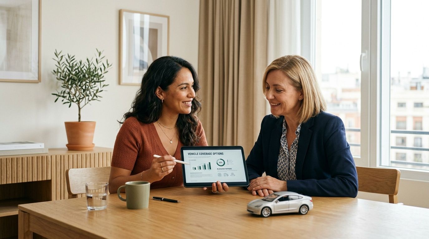 Dos mujeres sonrientes discuten opciones de cobertura de vehículos en una tableta con un coche de juguete.