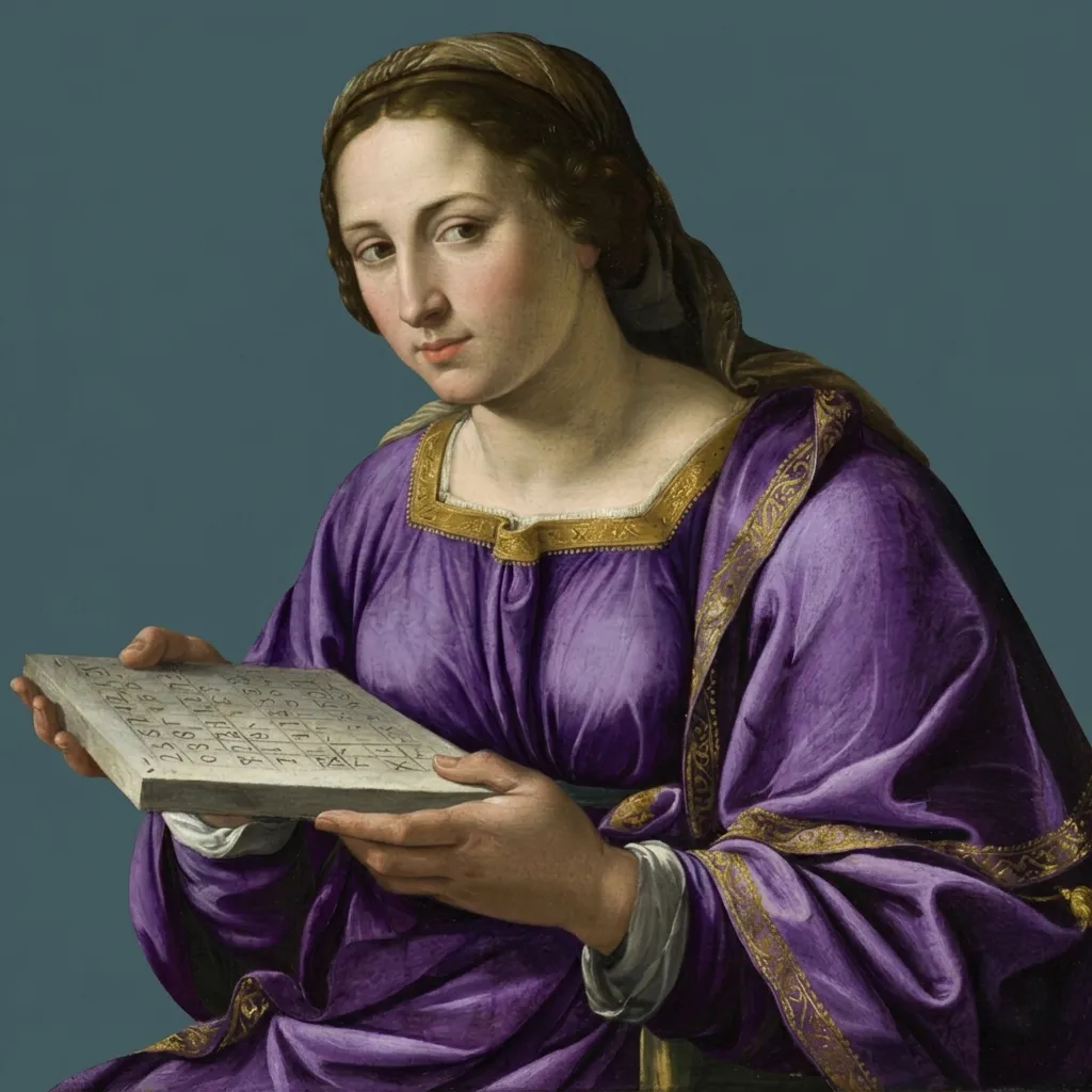 Classical oil painting portrait holding a stone ledger tablet