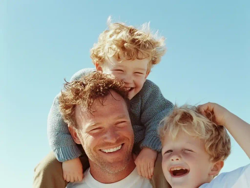 A joyful father carrying two laughing children on his shoulders, symbolizing the happiness and security United Nannies provides for families.