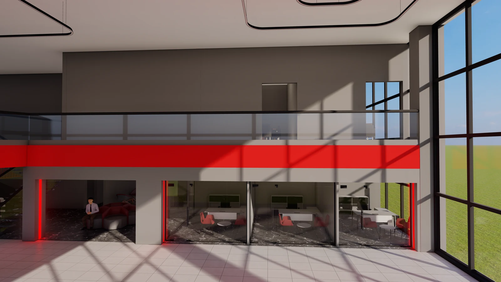 Uno scorcio degli interni che mette in risalto gli uffici con pareti in vetro e l'inconfondibile identità di marca definita dai dettagli rossi.