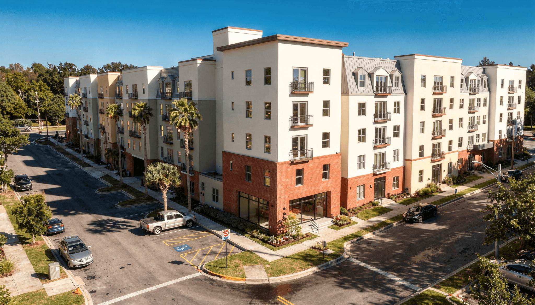 Modern residential complex with apartments, parking, and tree-lined street.