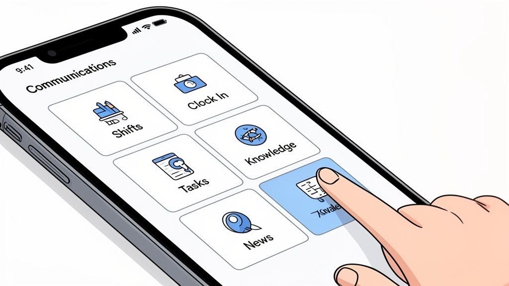 A hand taps an internal communications mobile app displaying various employee management features like shifts and tasks.