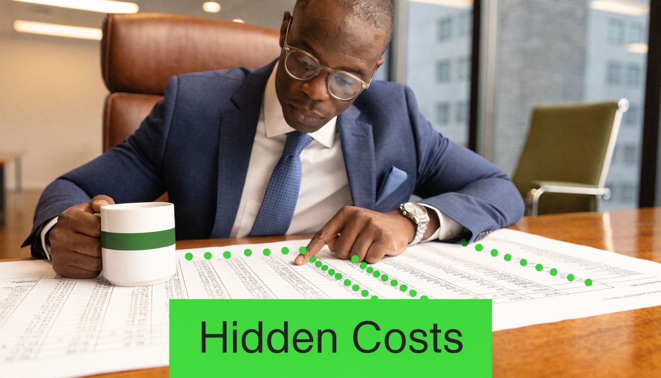 A professional man in a suit reviews financial documents at a desk with a coffee mug.
