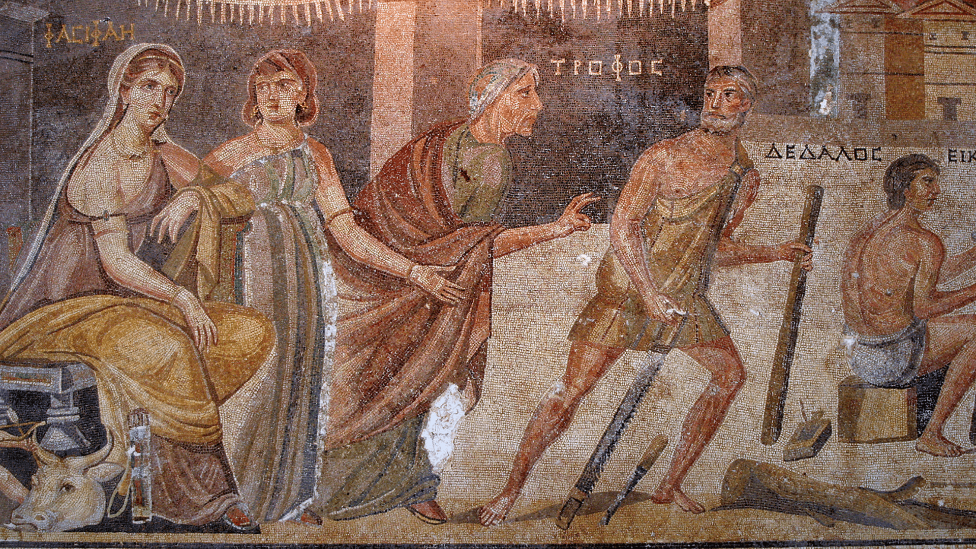 Ancient mosaic depicting mythological and daily life scenes at the Zeugma Mosaic Museum in Gaziantep, detailed Roman-era artwork made from colorful stone tiles