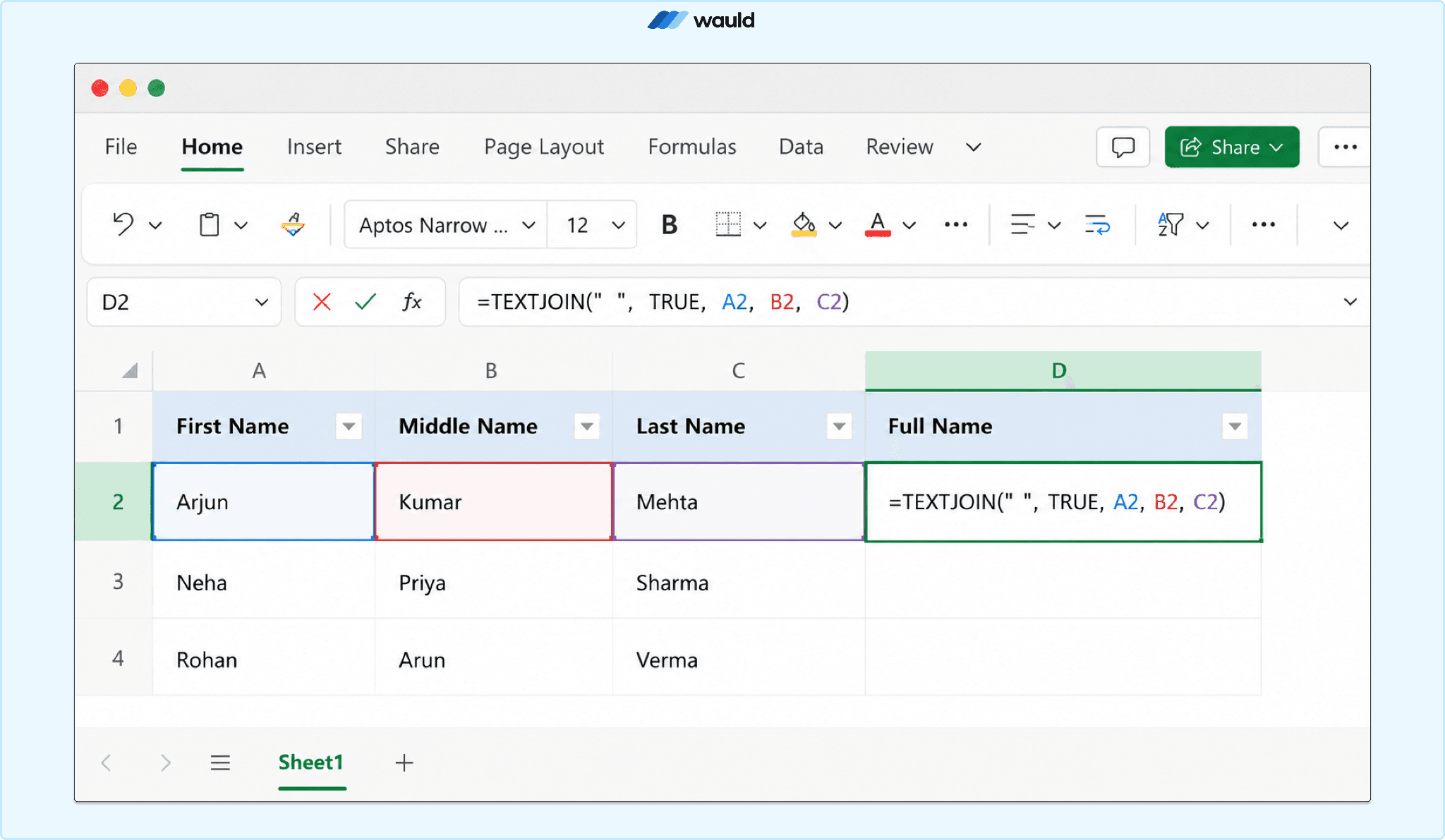 Screenshot of an Excel worksheet demonstrating the TEXTJOIN function to combine first, middle, and last names into a single Full Name column. The formula =TEXTJOIN(" ", TRUE, A2, B2, C2) is shown in the selected cell, using sample data for Arjun Kumar Mehta, Neha Priya Sharma, and Rohan Arun Verma. The Wauld logo appears at the top of the image.