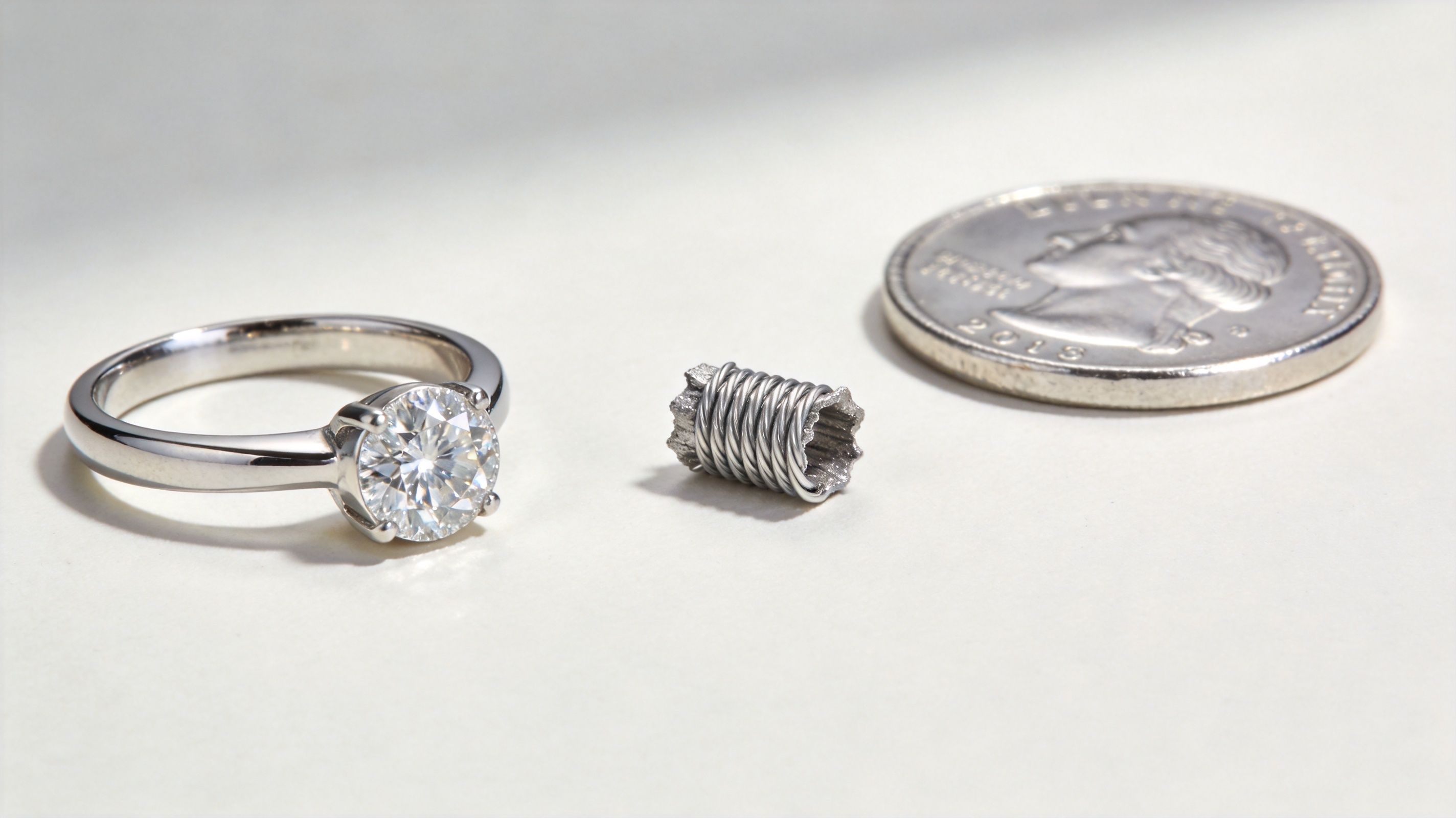 A silver diamond ring and a small metal spring coil placed next to a US quarter coin.
