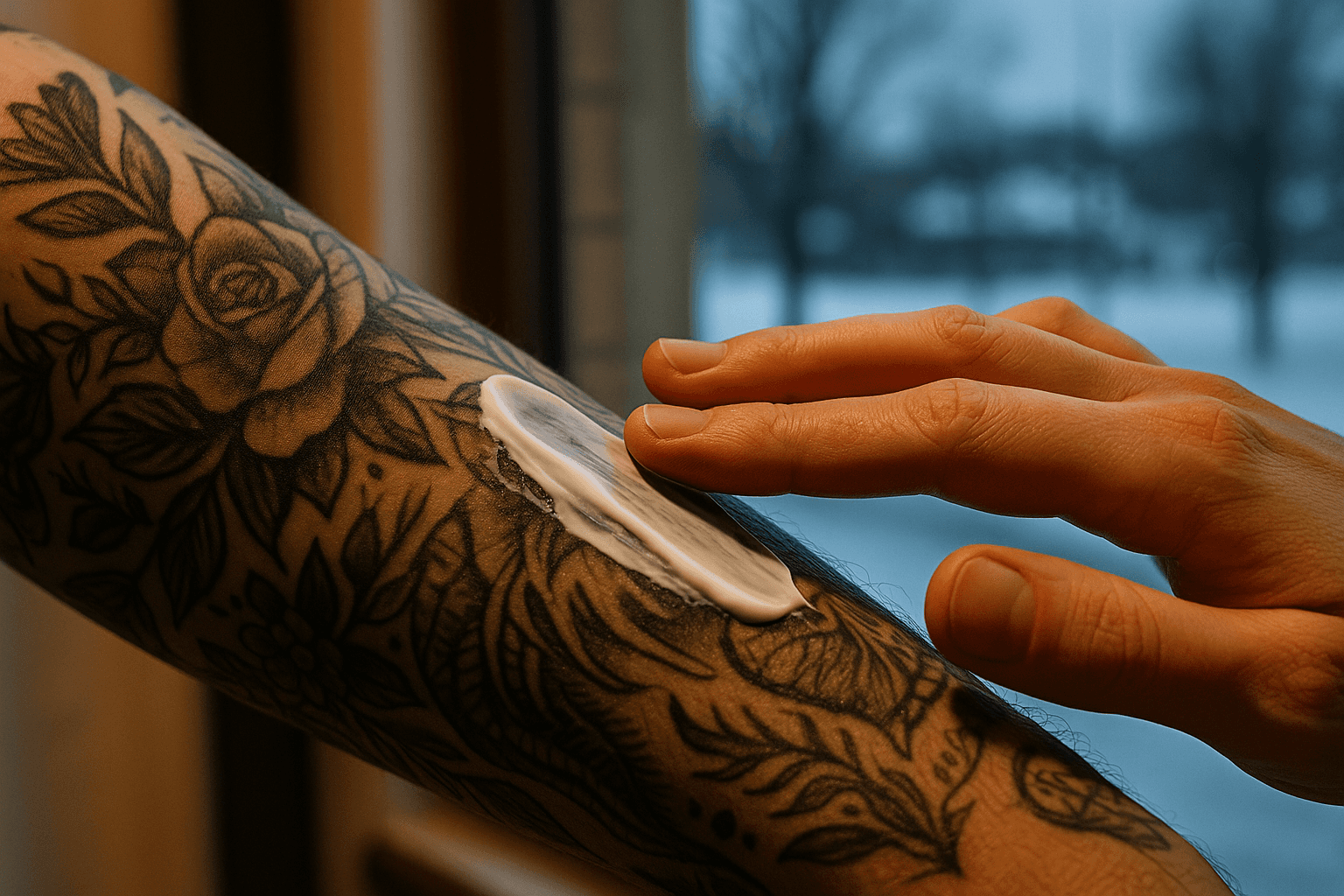 Applying tattoo aftercare lotion to a fresh forearm tattoo to protect against dry North Dakota winter weather.