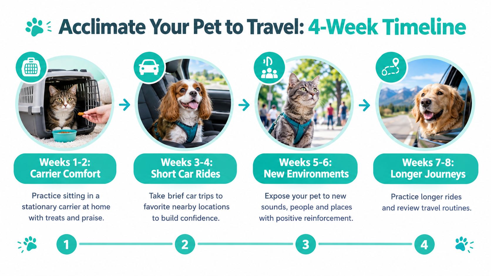 A four-step infographic showing how to acclimate pets to travel using carriers, car rides, and environmental exposure.