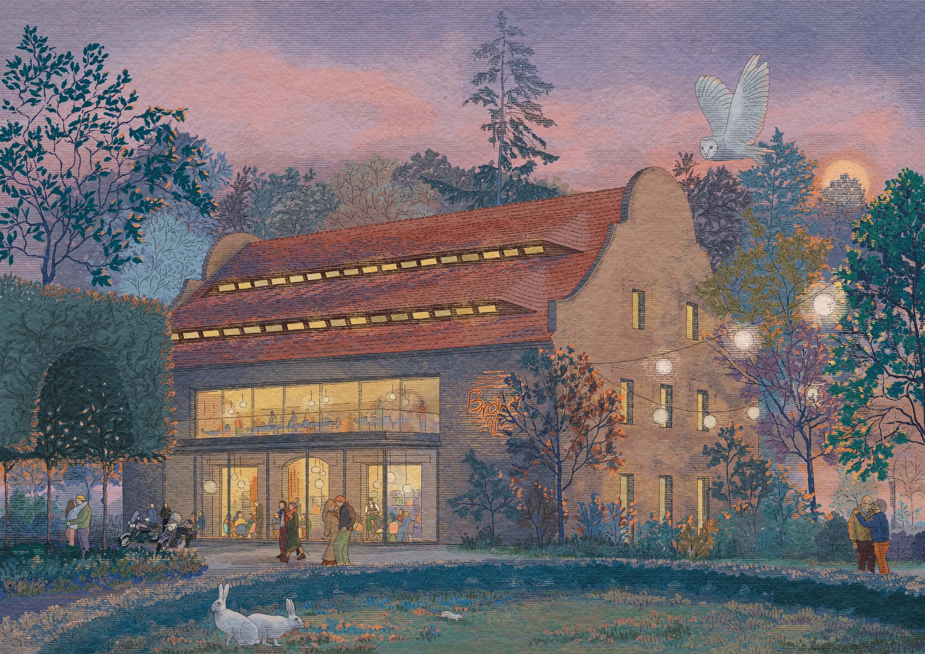 A cozy house with a red roof surrounded by trees, reflecting in a serene pond at dusk.