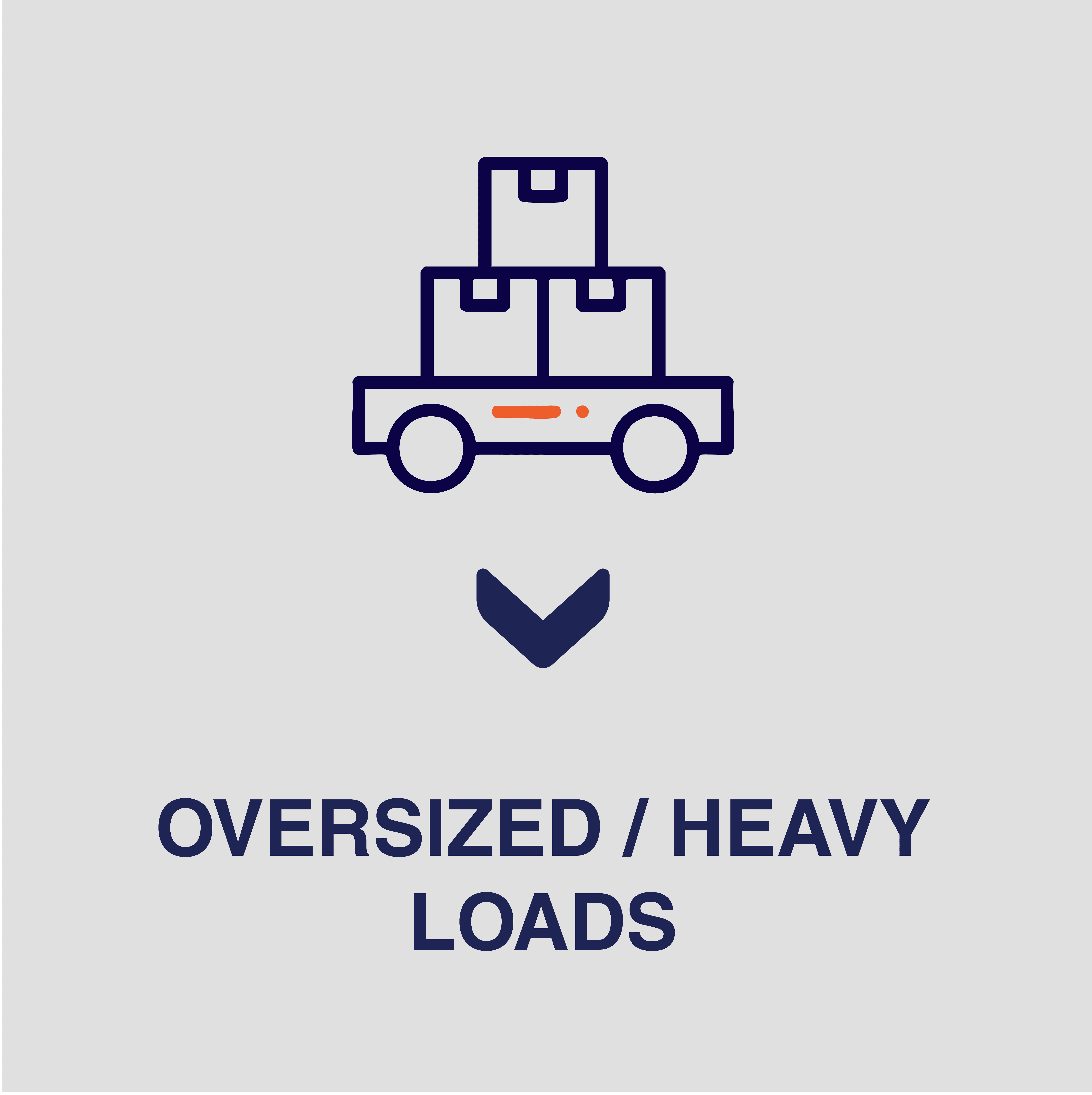 icon of blue boxes on a wheeled stand on a white background with blue text that says oversized/ heavy loads