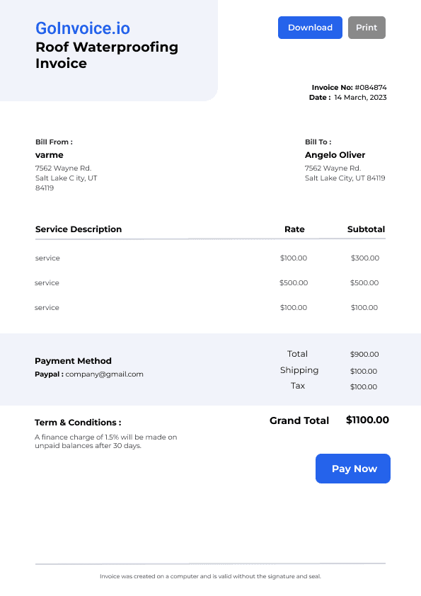 Roof Waterproofing Invoice