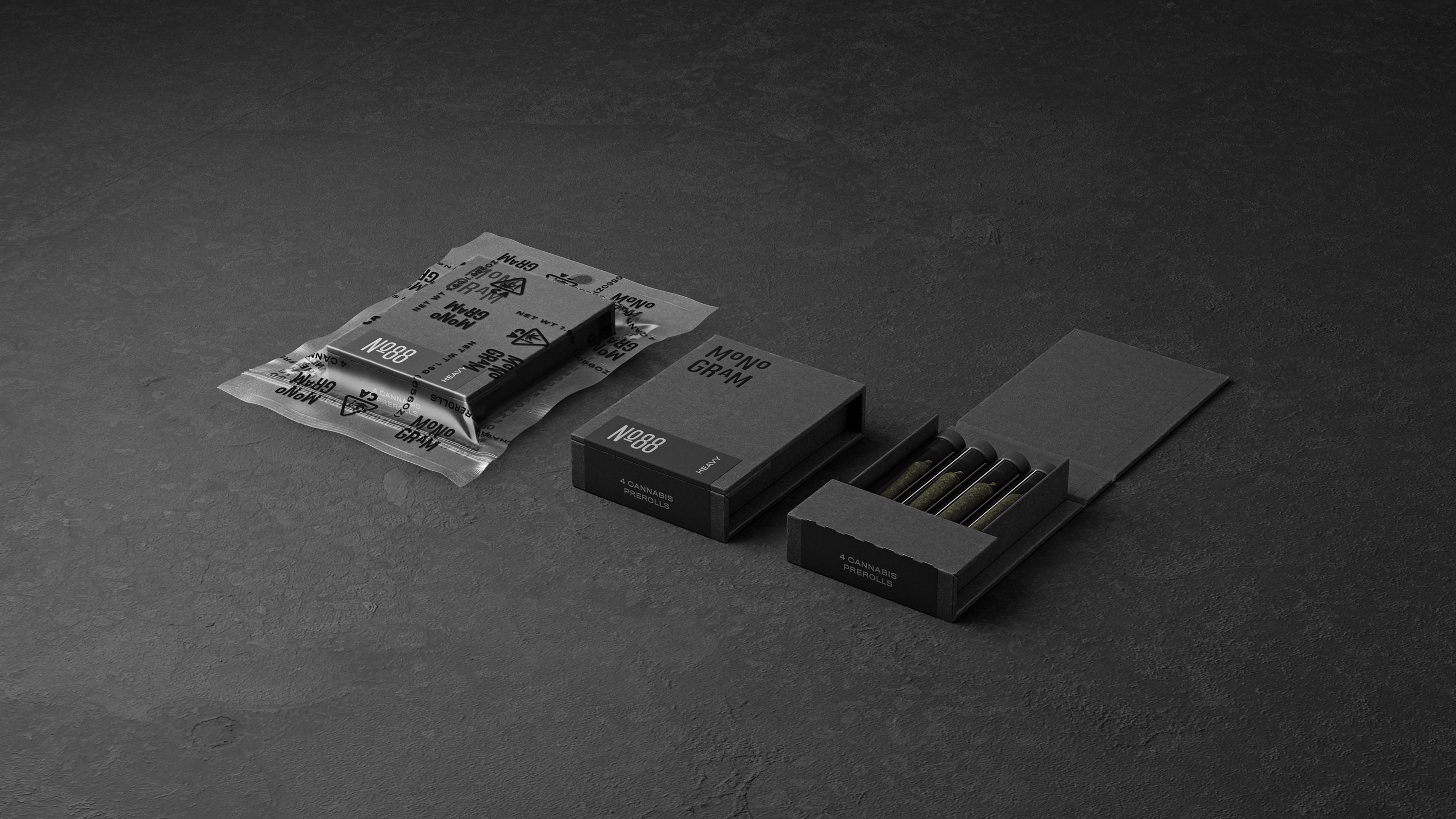 3D render showing the Monogram Wifey product packaging in three states: sealed, open, and unpackaged