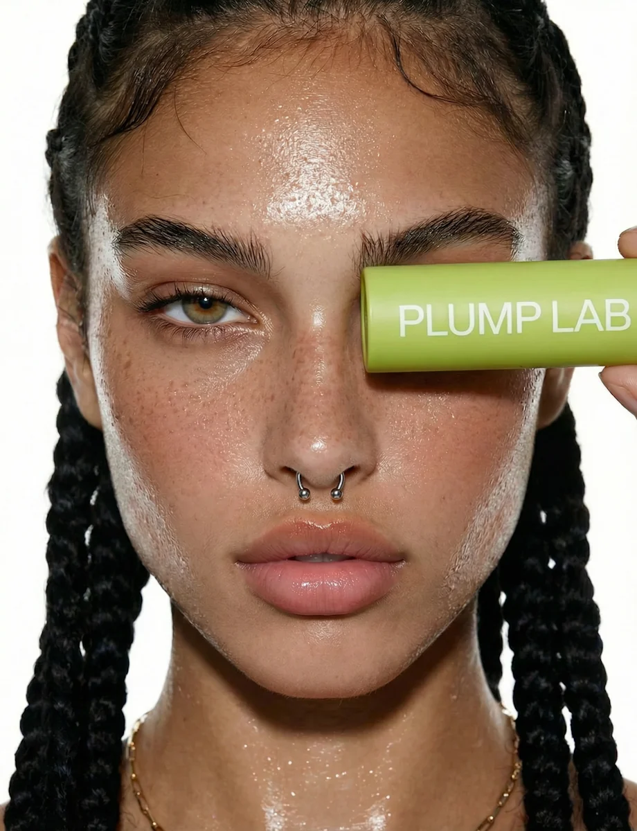 Plump Lab skincare stick held to the face