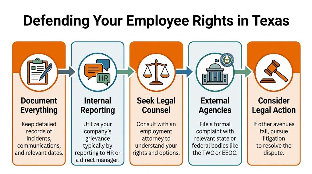 A flowchart showing five steps for defending employee rights in Texas, including documentation and legal action.