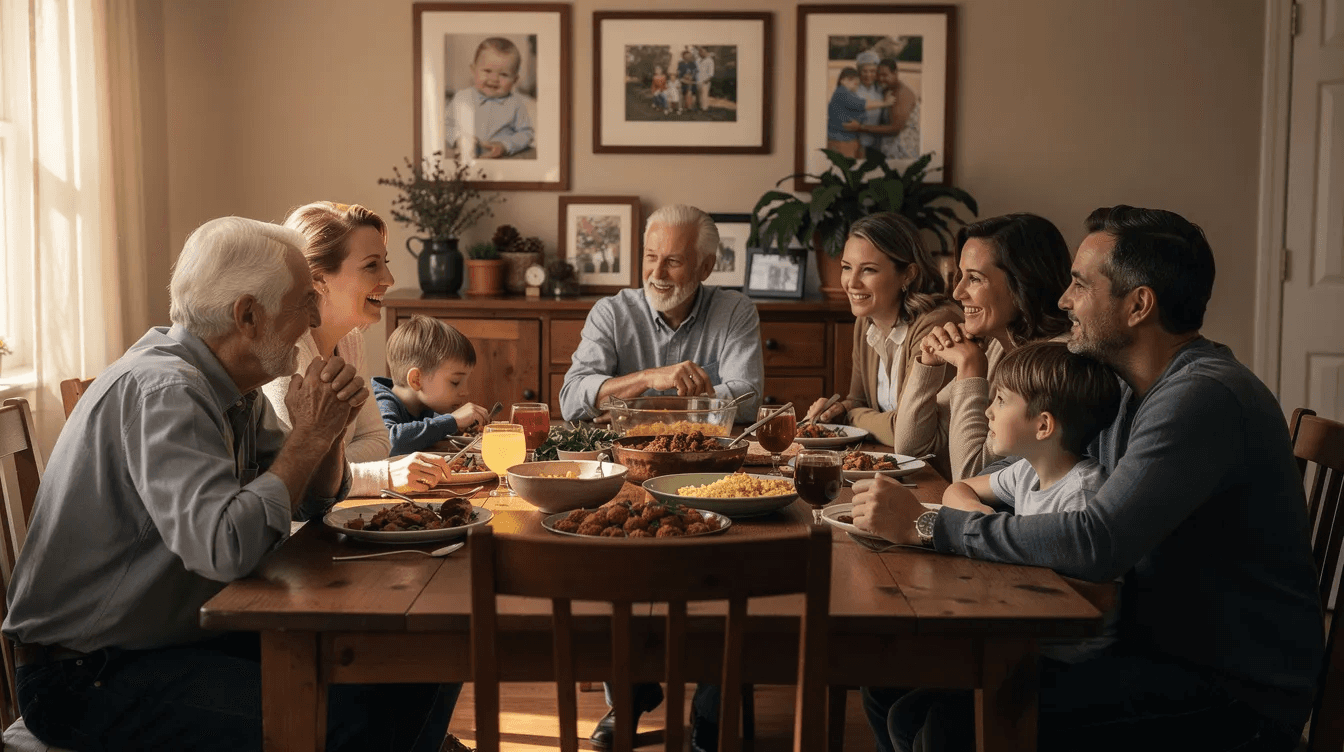 A multigenerational family is gathered around a dining table, displaying a range of mixed expressions as they engage in a conversation about family dynamics and managing expectations after sudden wealth. The scene reflects the complexities of relationships and financial discussions among family members, highlighting the importance of setting clear boundaries for future generations.