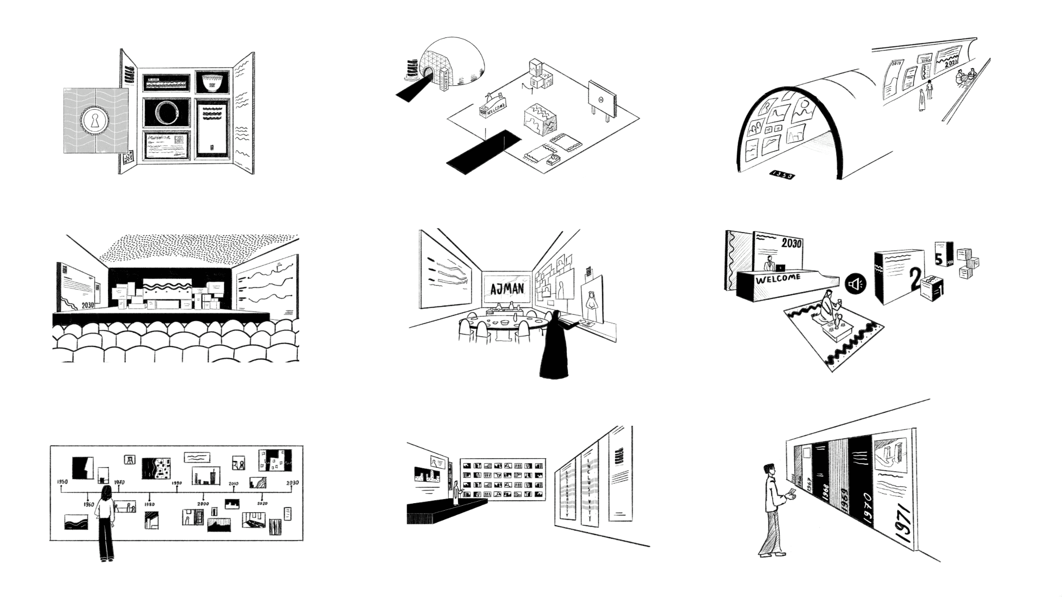 A collage of simple line drawings depicting various electronic devices and household items.