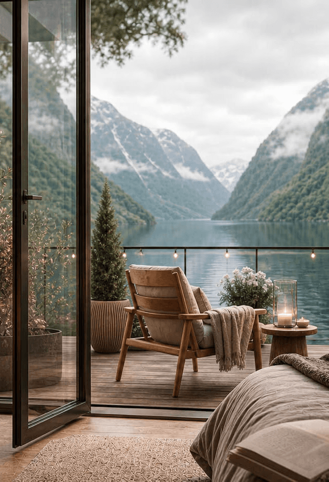 Bedroom opening onto a furnished terrace and mountain fjord view