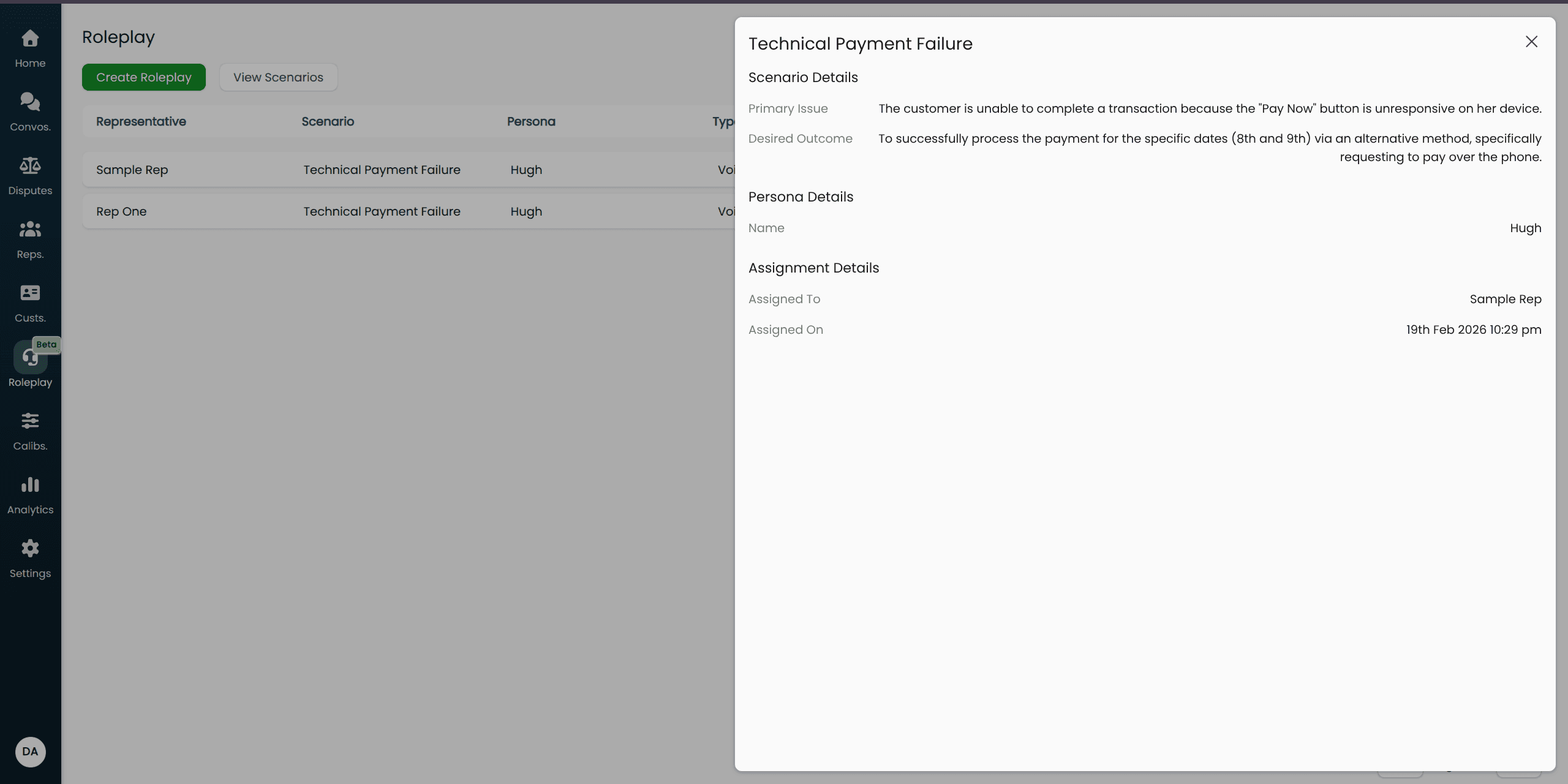 Screenshot of the pending simulation detail side panel showing Scenario Details, Persona Details, and Assignment Details sections.