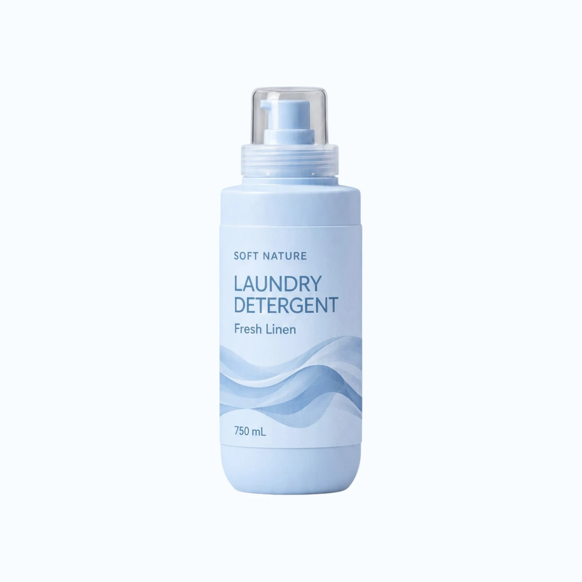 SOFT NATURE 750 mL liquid laundry detergent in a white pump bottle with a clear cap.