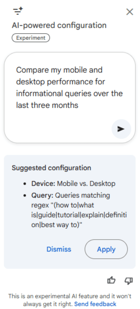 Google Search Console AI Feature Example of comparing mobile vs desktop performance for informational queries over the last 3 months