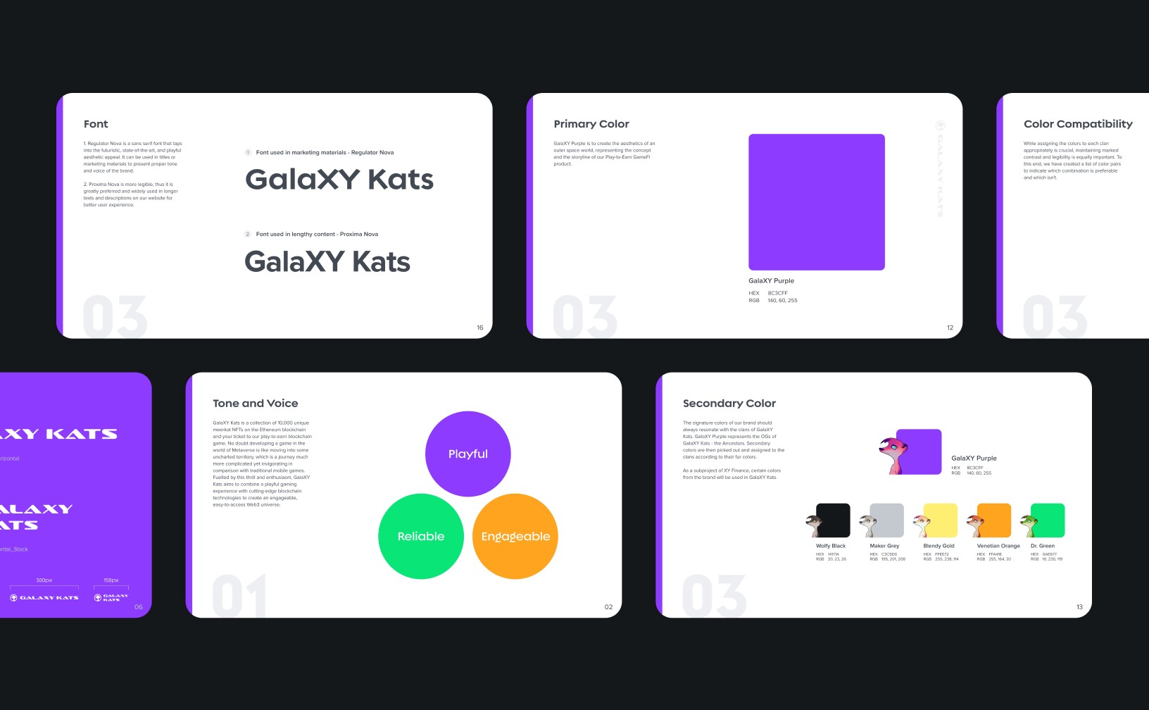 A few pictures in row showing the color usage, tone and voice, and font guidelines of the brand