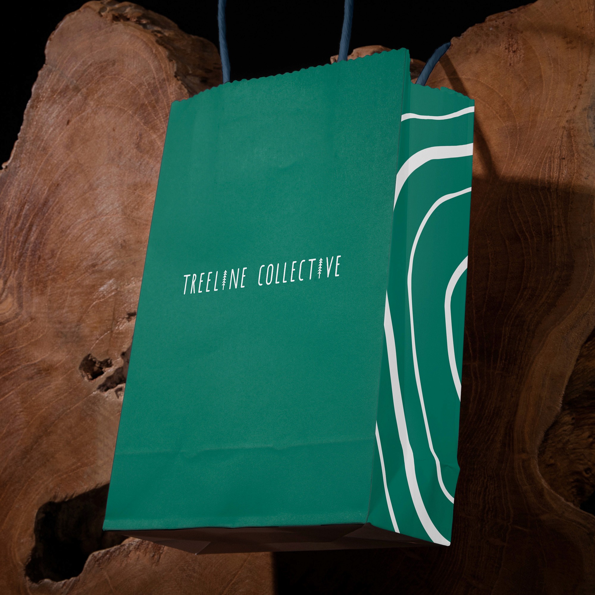 A green recyclable retail paper bag with Treeline Collective logo on the front and tree rings on the side panel. Hanging off a tree stump on a dark background