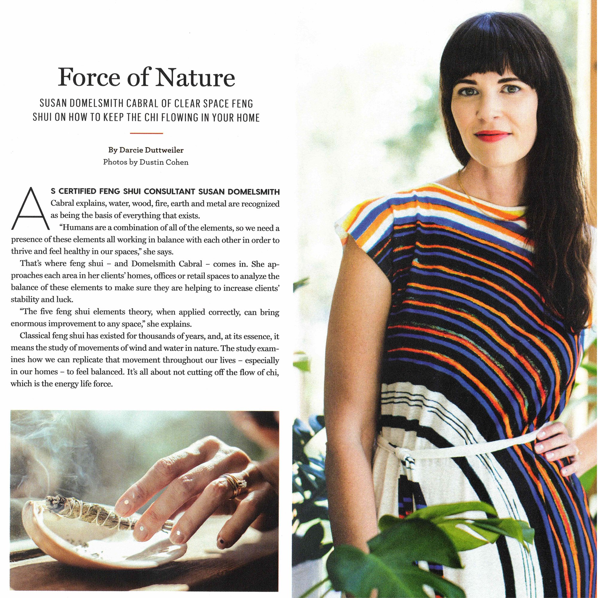 Tribeza article page titled Force of Nature with a portrait of Susan Domelsmith Cabral