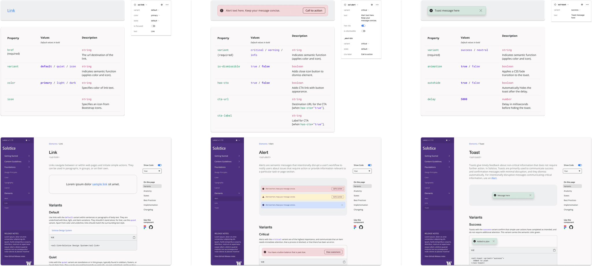 Mockups of design system components and their corresponding documentation, including implementation properties.