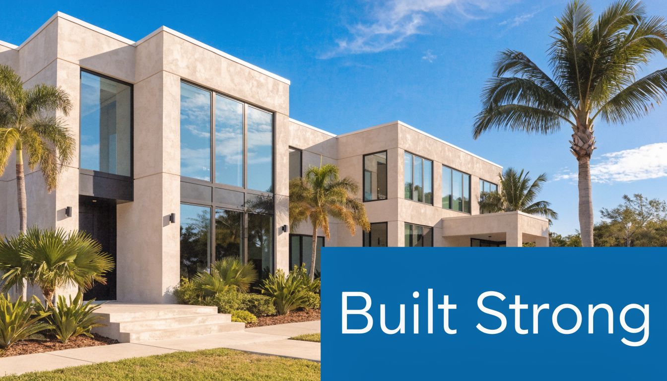 A luxurious modern concrete villa in Naples, Florida with palm trees and large glass windows.