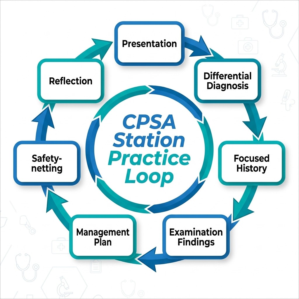 UKMLA CPSA station practice loop showing presentation, differential, history, exam, management and reflection steps