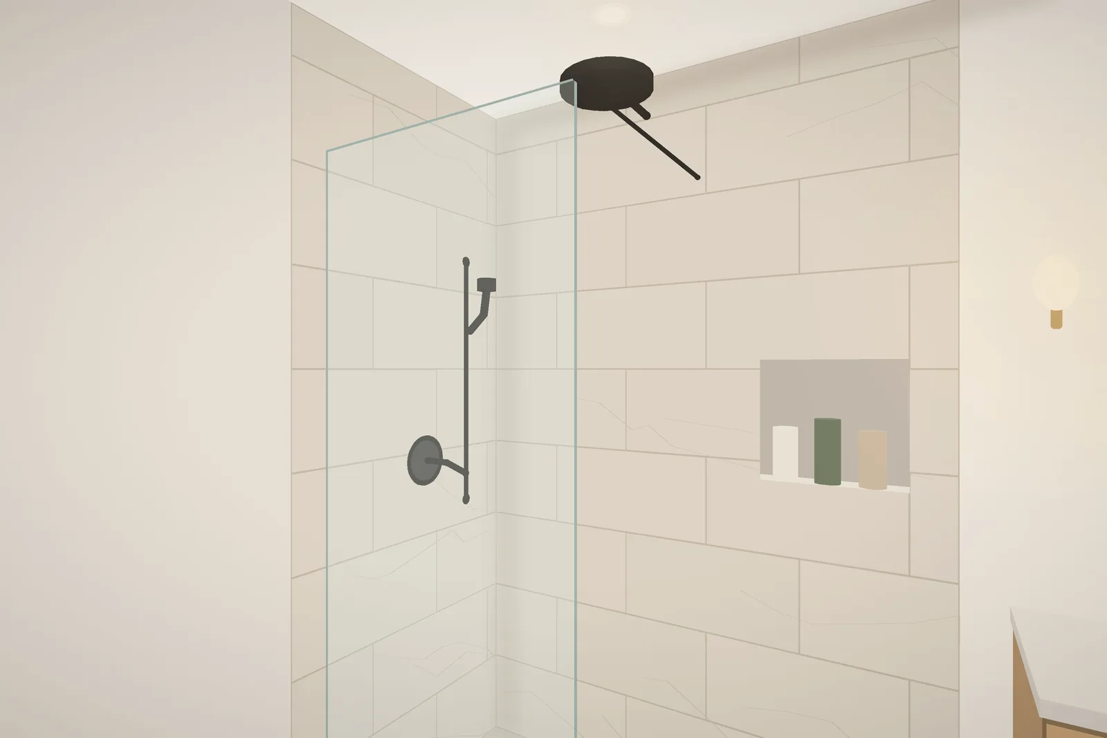 Frameless glass panel at the shower entry