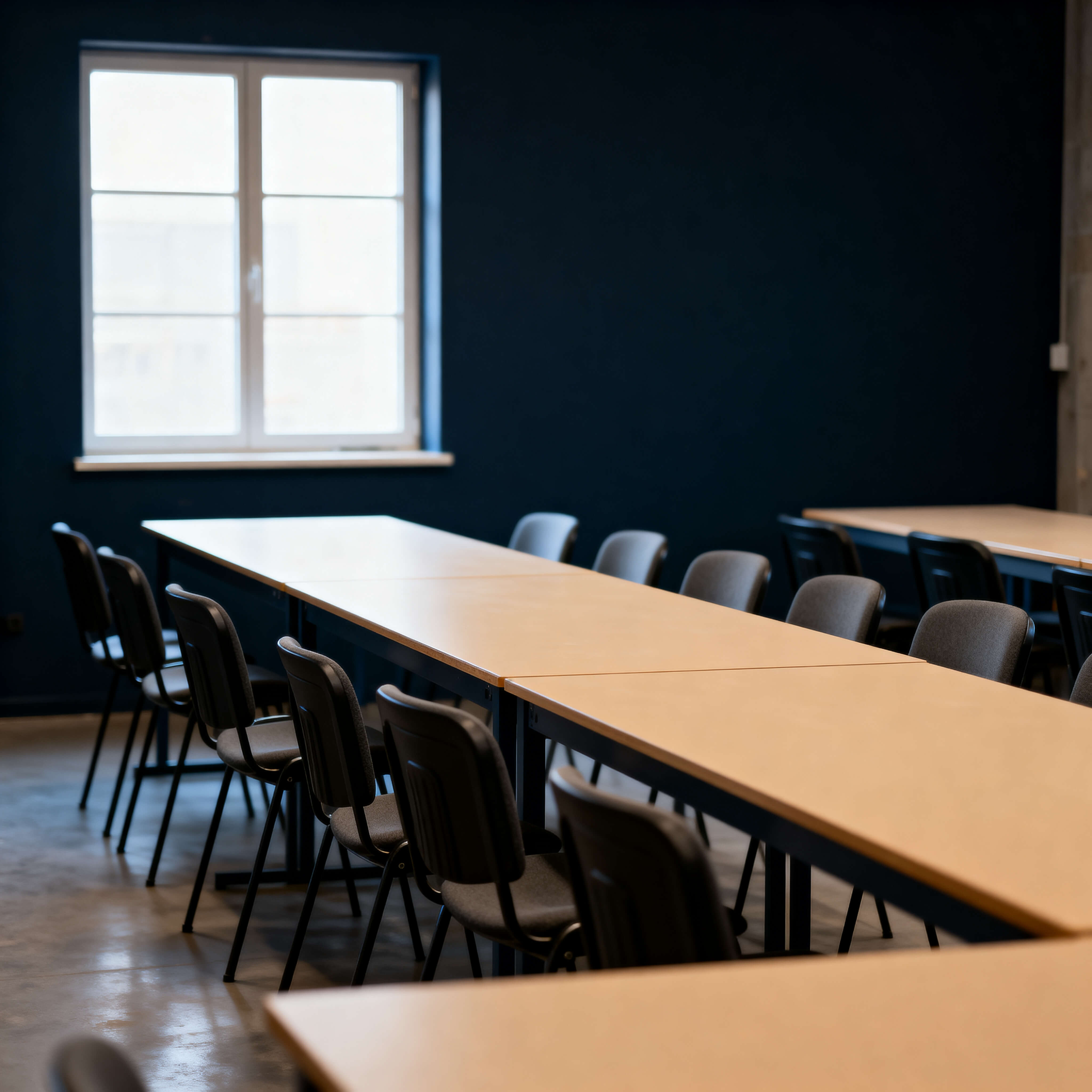 Mesa longa de workshop com cadeiras organizadas dos dois lados, iluminada por luz natural de janela em espaço limpo e organizado, representando o ambiente de treinamentos e formações para equipes.