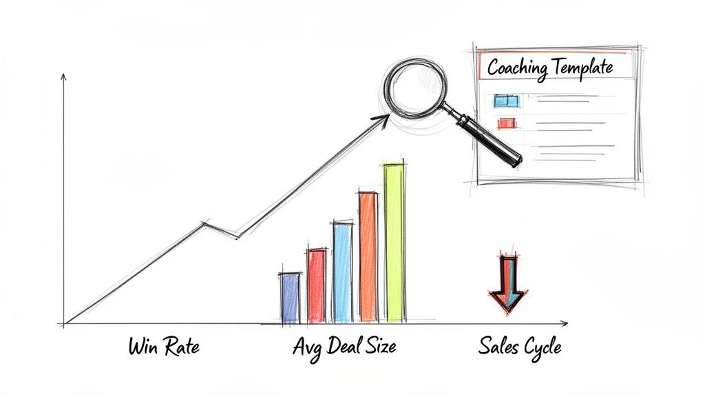 Hand-drawn chart illustrating sales improvements via increased win rate, average deal size, and coaching template.