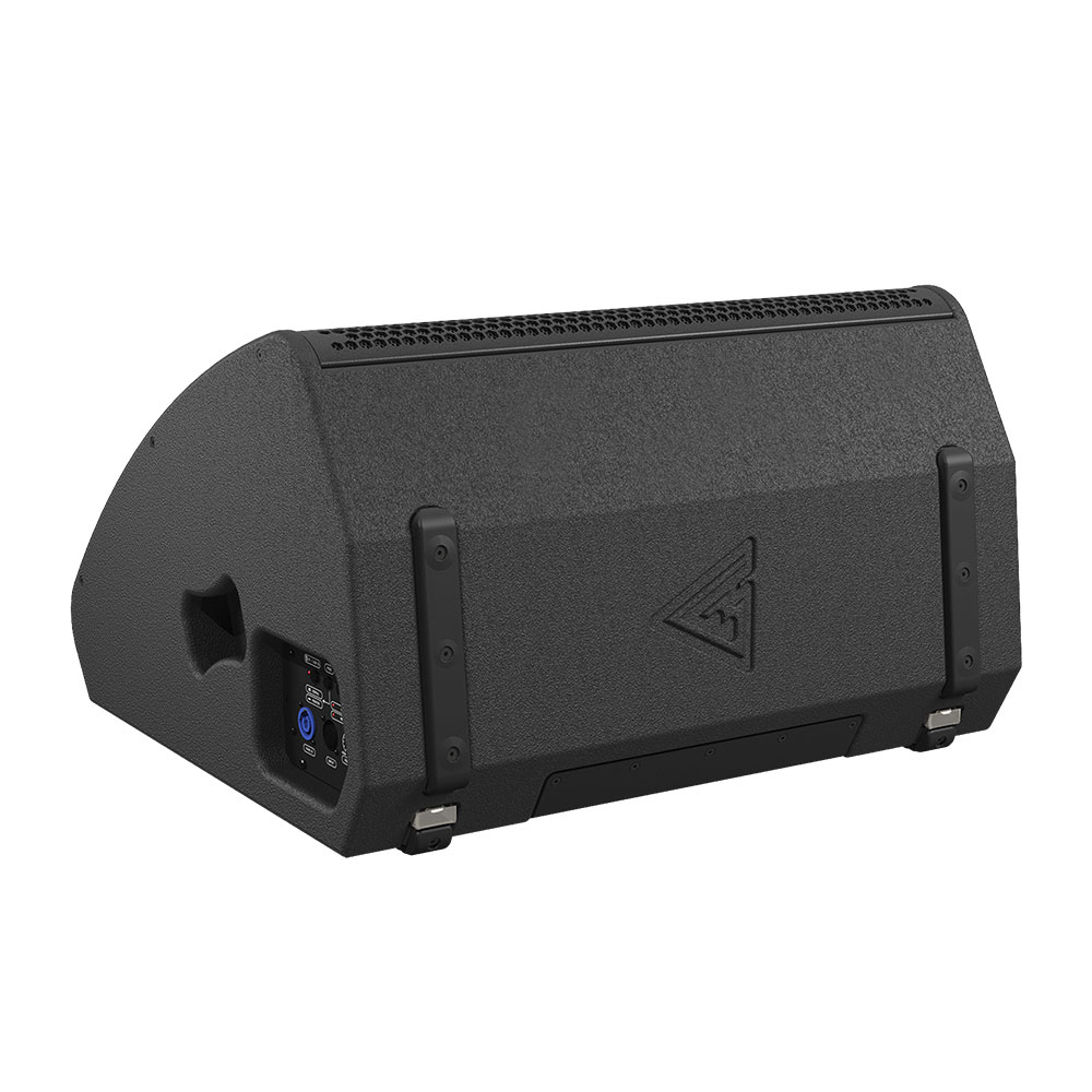 Black wedge monitor speaker with ports and logo