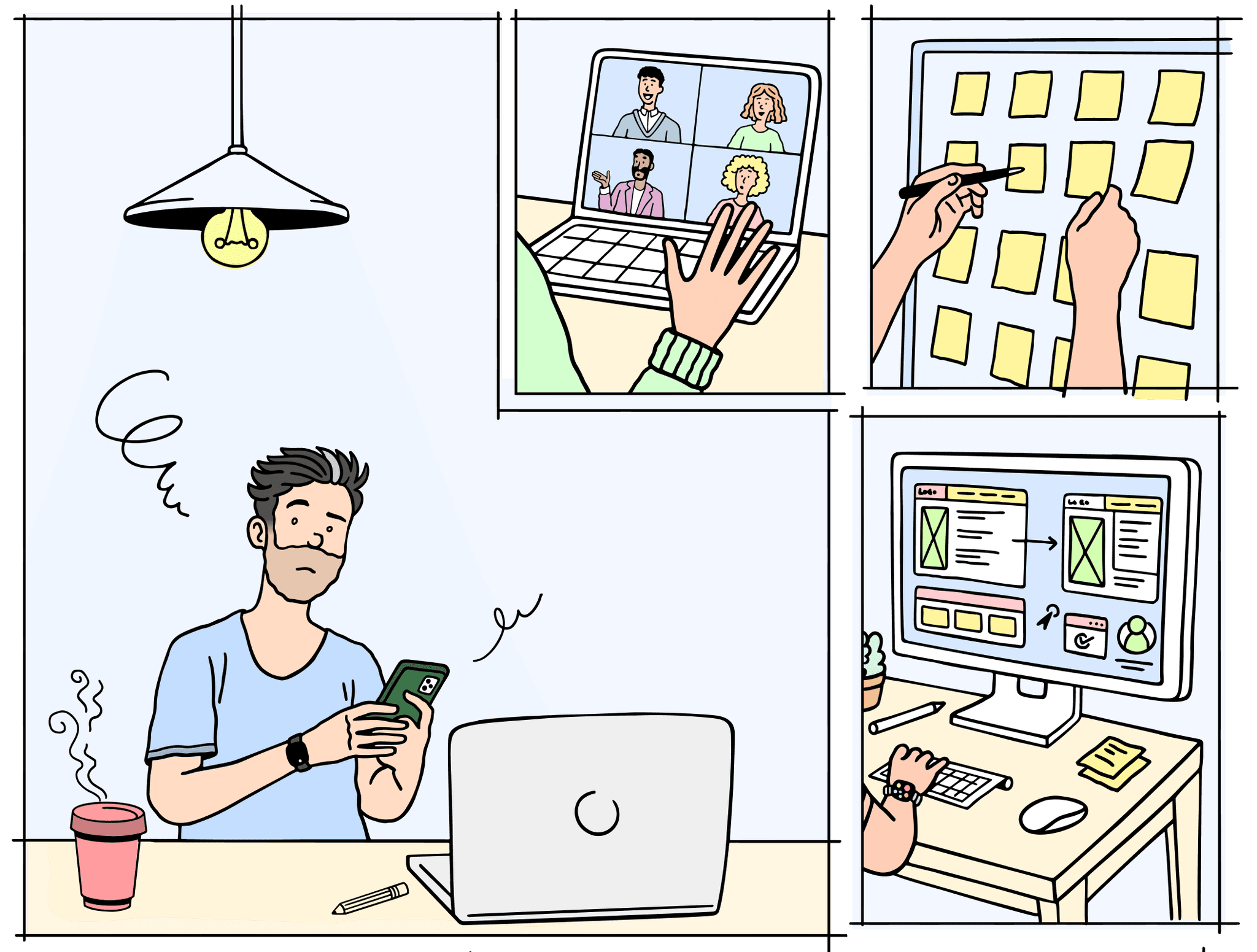 Illustration showing Eoghan on a phone sending a message looking confused, and a couple of panels showing postits being added, and an interface being designed on a computer