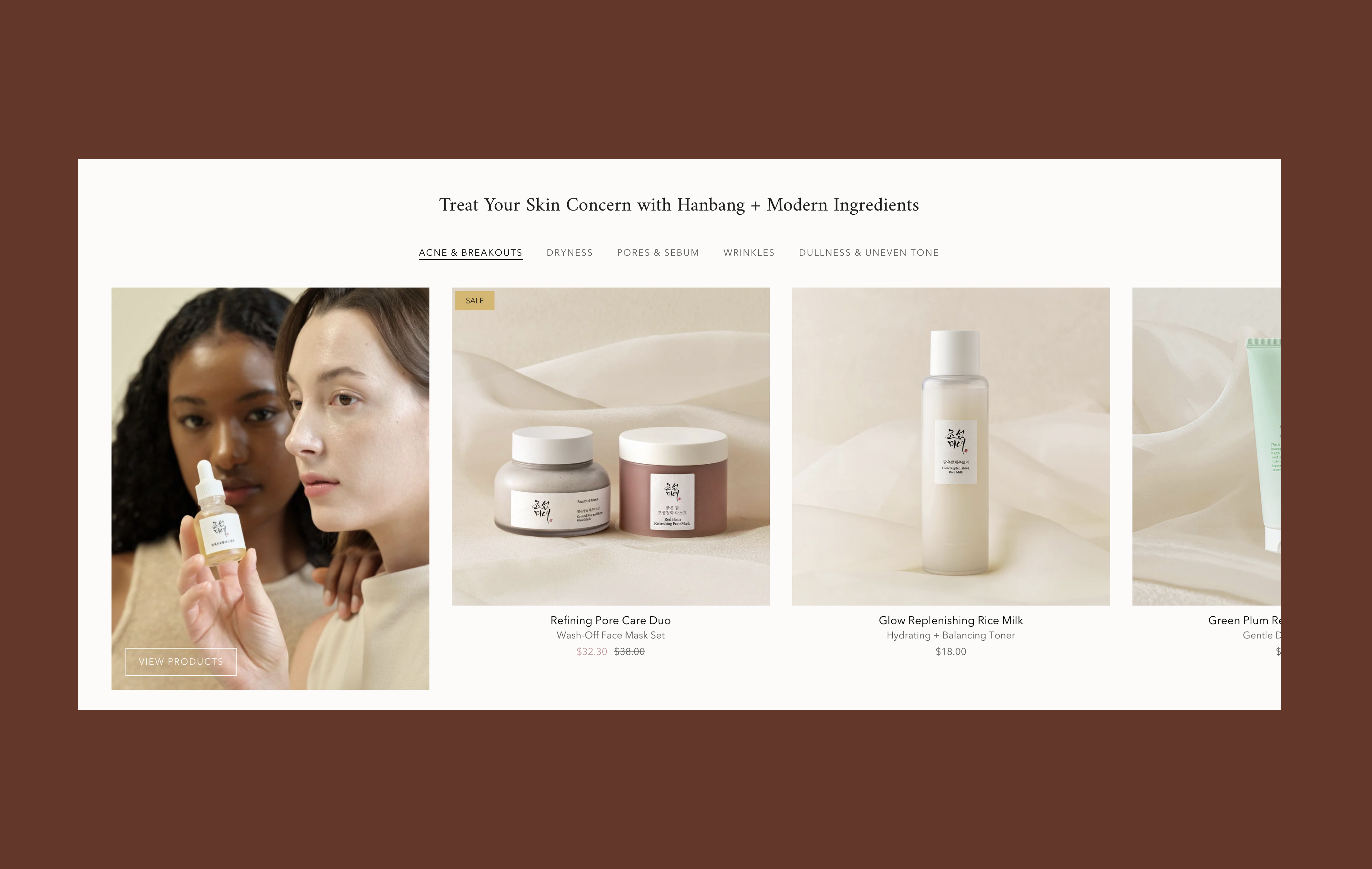 Shop by skincare concern module on Beauty of Joseon site
